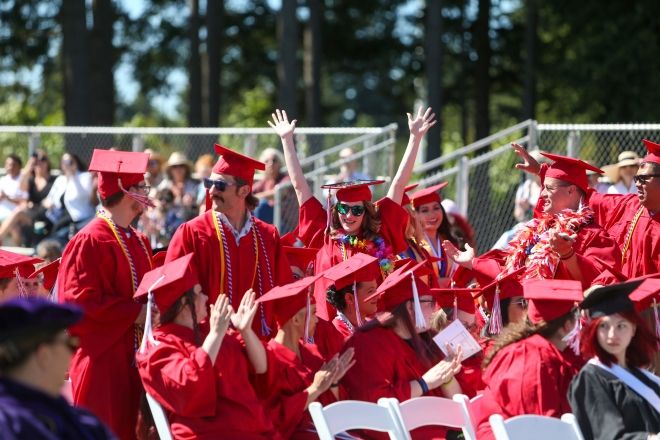 Group of Olympic College students in red regalia at graduation