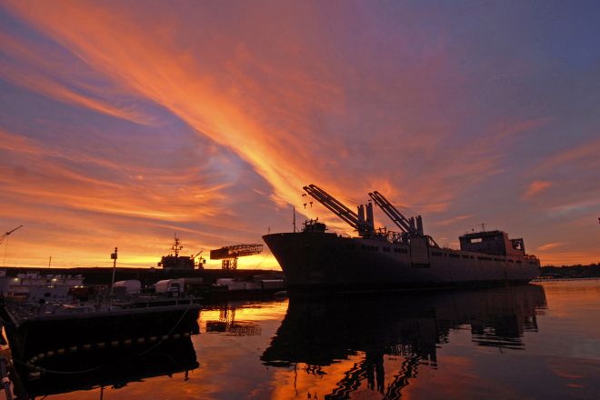 Vessel at the shipyard at sunset. 