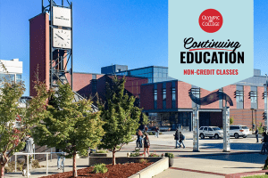 Photo of people walking on the Bremerton campus, with the clocktower prominently displayed. Text reads, "Olympic College Continuing Education Non-Credit Classes"