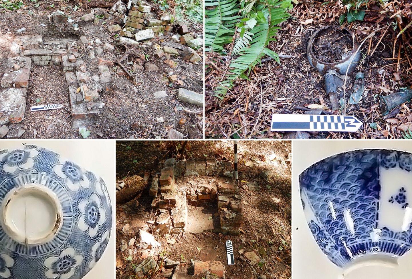 Group of artifact asian pottery shards and bricks uncovered from the ground in a dig site